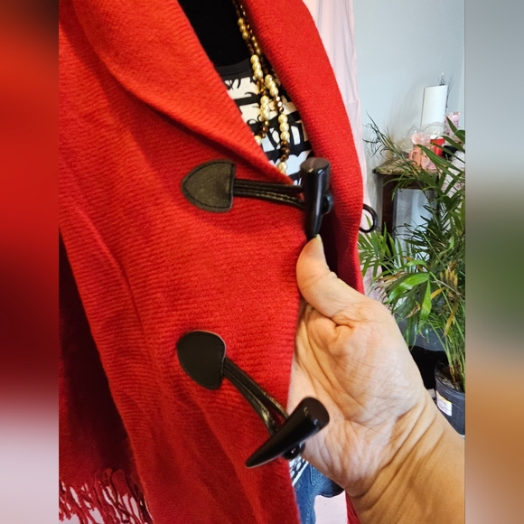 Bohemian Red Fringe Shawl Wrap / Toggle Front Cape - One Size - Picture 11 of 16
